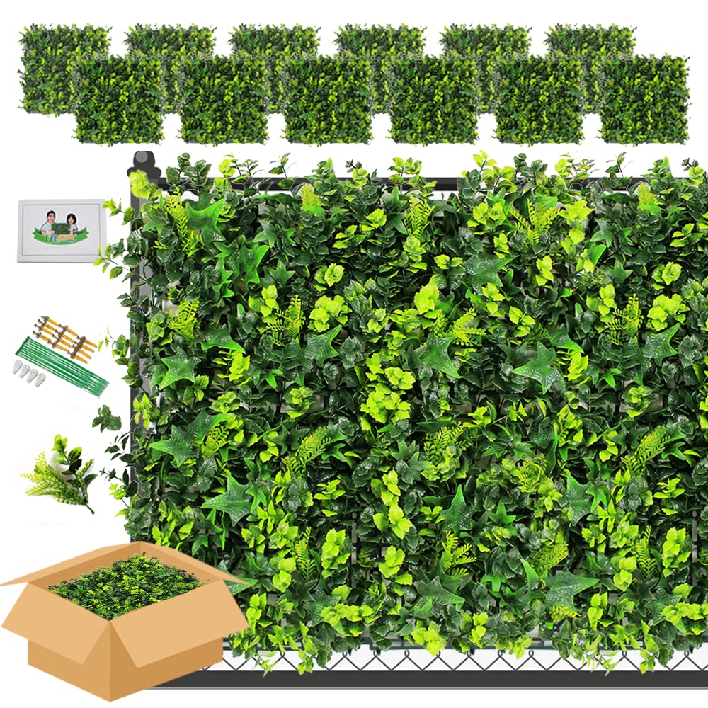 ULAND Artificial Hedges Plant Wall Panels, 12PCS of 50*50CM Greenery Ivy Fence Screening, Home Garden Outdoor Wall Decoration (A009,12)