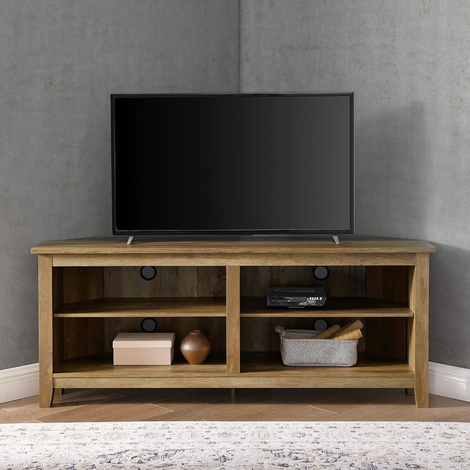 Amazon Com Universal Ltd Corner Tv Stand For 65 Inch Tv Entertainment Center 65 Inch Tv Space Saving Corner Design Reclaimed Barnwood Furniture Decor