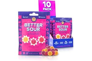 Better Sour Gummies - Apricot, Pomegranate, Plum – Naturally Flavored, Plant-Based, Low Sugar, Healthy Sour Gummy Candy – 3g sugar/60 cal per 1.8 oz Bag, Healthy Treats for Kids & Adults (Pack of 10)