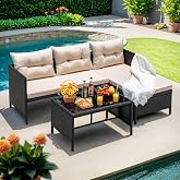 Devoko Outdoor Patio Furniture 3-Piece Rattan L Shaped Sectional Sofa Beige | Wicker Patio Set, All-Weather Patio Couch with Cushion and Glass Table for Balcony, Porch, Garden and Poolside