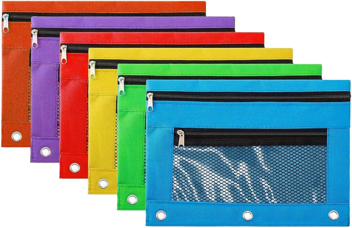 Pencil Case Pencil Pouch Zipper with 3 Ring and Double Pocket and Mesh Window(Colorful,6 Pack)