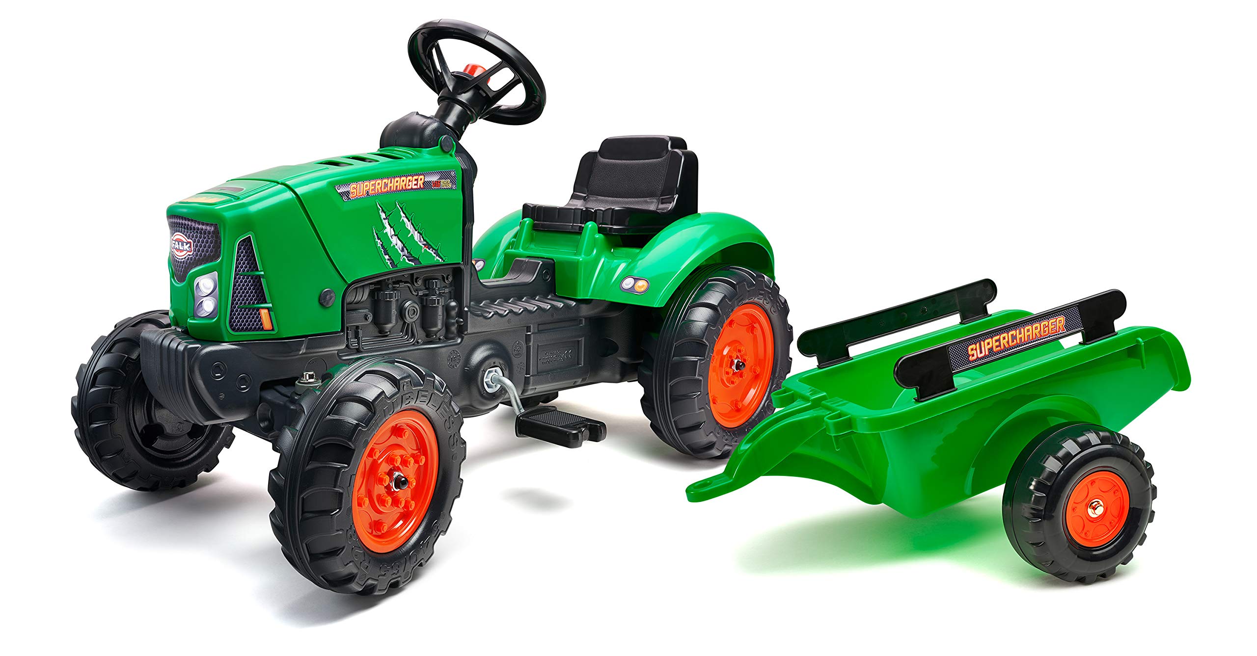 Falk - Tracteur À Pédales Supercharger Avec Remorque - Dès 2 Ans - Fabriqué En France - Capot Ouvrant - Volant Directionnel Avec Klaxon - 2031Ab, Vert