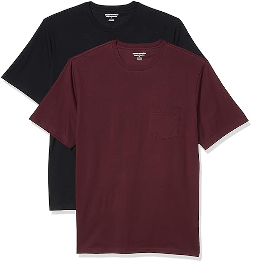 Amazon Essentials Men's Regular-Fit Short-Sleeve Crewneck Pocket T-Shirt, Pack of 2, Burgundy/Black, Medium