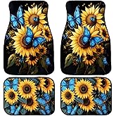Sunflower Car Floor Mats Set of 4 Butterfly Blue Yellow Bright Color Carpet Front Rear Carpets Mat Non-Slip Auto Car Accessories Universal Fit for Car SUV Truck Van