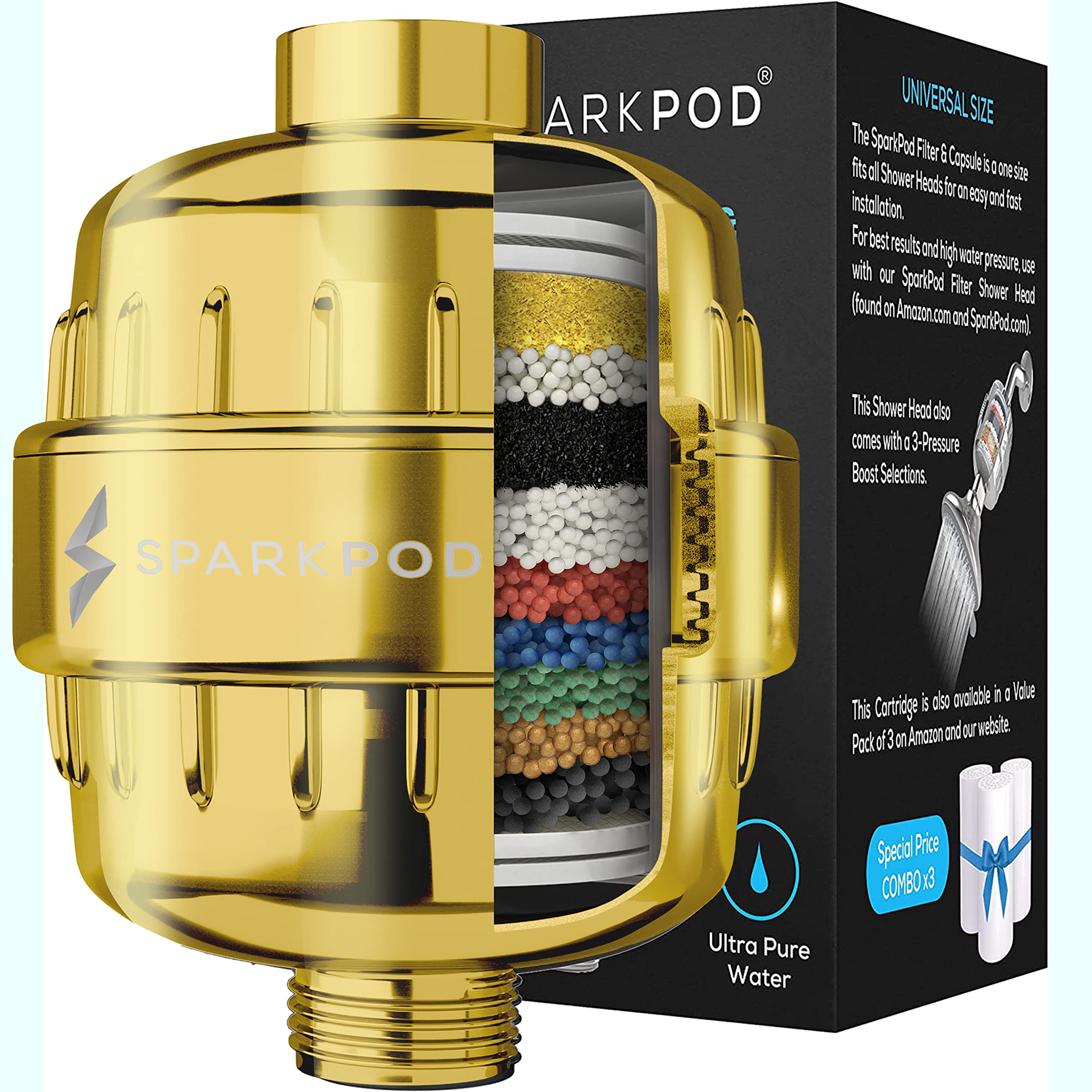 SparkPod High Output Shower Filter Capsule- Rejuvenates Skin and Hair Health (Reduces Eczema & Dandruff), Filters Chlorine, Heavy Metals and Impurities | 1-min Installation (Gold, New Formula)