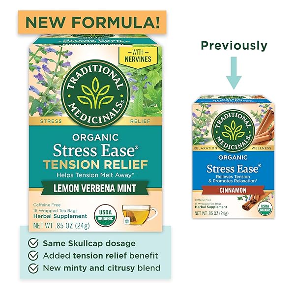 TRADITIONAL MEDICINALS ORGANIC STRESS EASE TENSION RELIEF TEA, LEMON VERBENA MINT, 96 COUNT