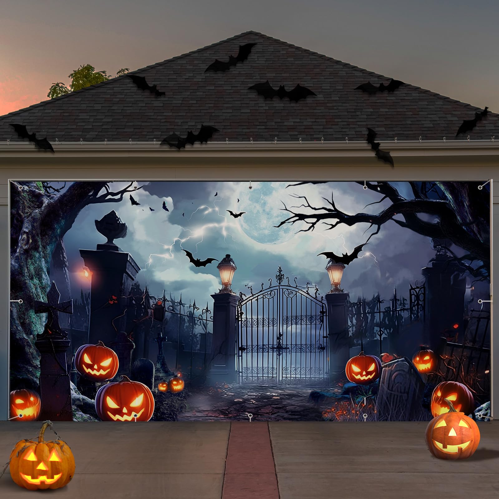 Photo 1 of Preboun Halloween Garage Door Banner Large Hanging Backdrop Door Cover Halloween Garage Wall Decorations for Outdoor Holiday (8 x 16 ft)