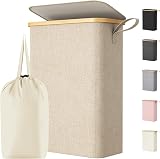 Lifewit 50L Slim Laundry Basket with Lid Beige Narrow Foldable Hamper