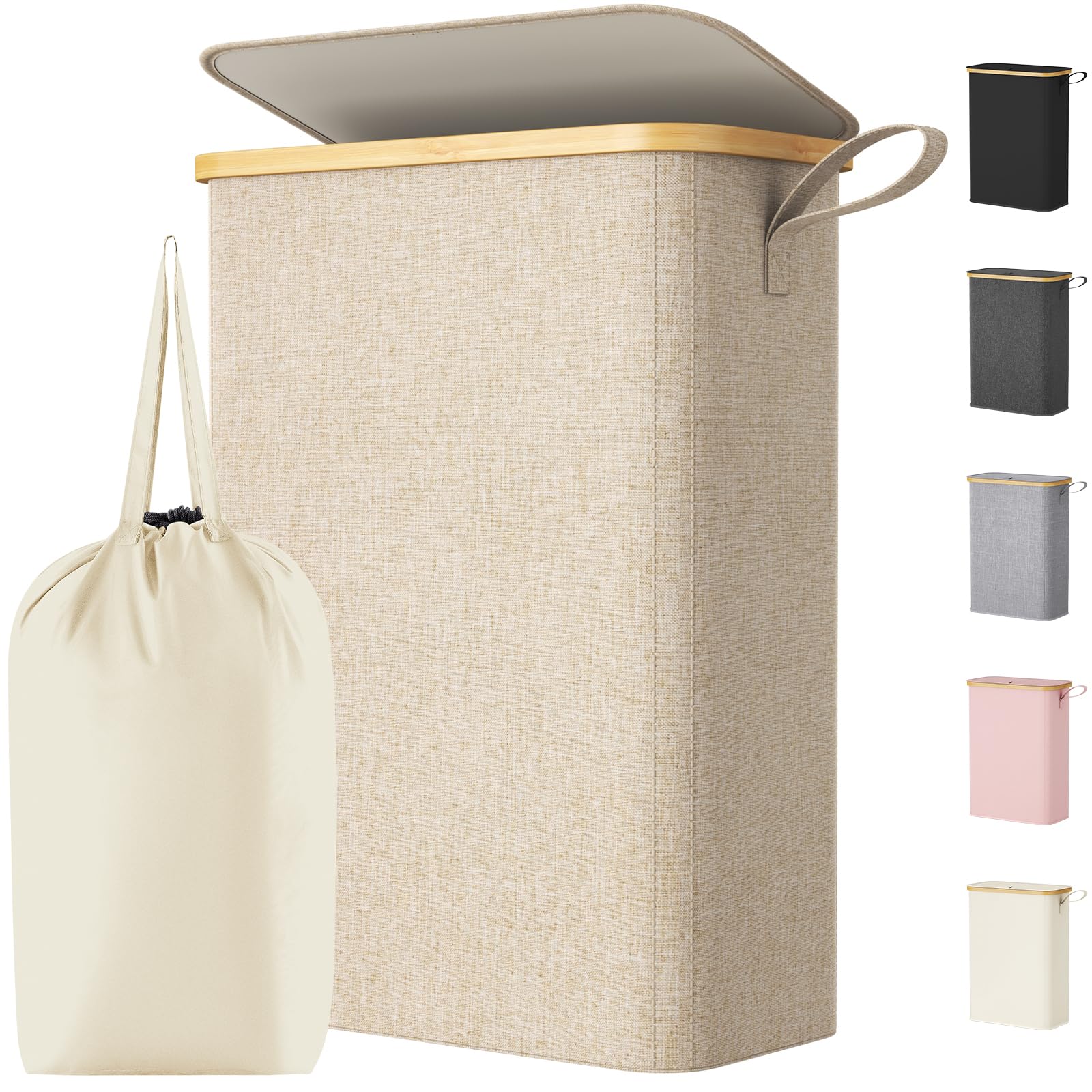 Lifewit 50L Slim Laundry Basket with Lid, Narrow Laundry Bin with Removable Bag & Bamboo Handles, Foldable Thin Dirty Clothes Hamper for Laundry, Bathroom, Bedroom, Dorm (Beige)