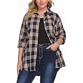 IN'VOLAND Womens Plus Size Button Down Flannel Shirts Long Sleeve Plaid Shackets Business Casual Blouse Top