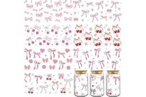 AFRITEE UV DTF Cup Wrap - 8 Sheets Pink Coquettte Bows UV DTF Stickers for 16 oz Glass Water Bottle, Cute Cherry Flower Cold Transfer Sticker Decal DIY Tumbler Coffee Mug Decorations Gift for Women