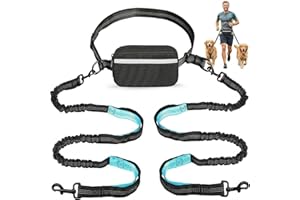 Hands Free Dog Leash with Pouch, Adjustable Waist Belt, Reflective Double Bungee Lead for 2 Dogs, Black