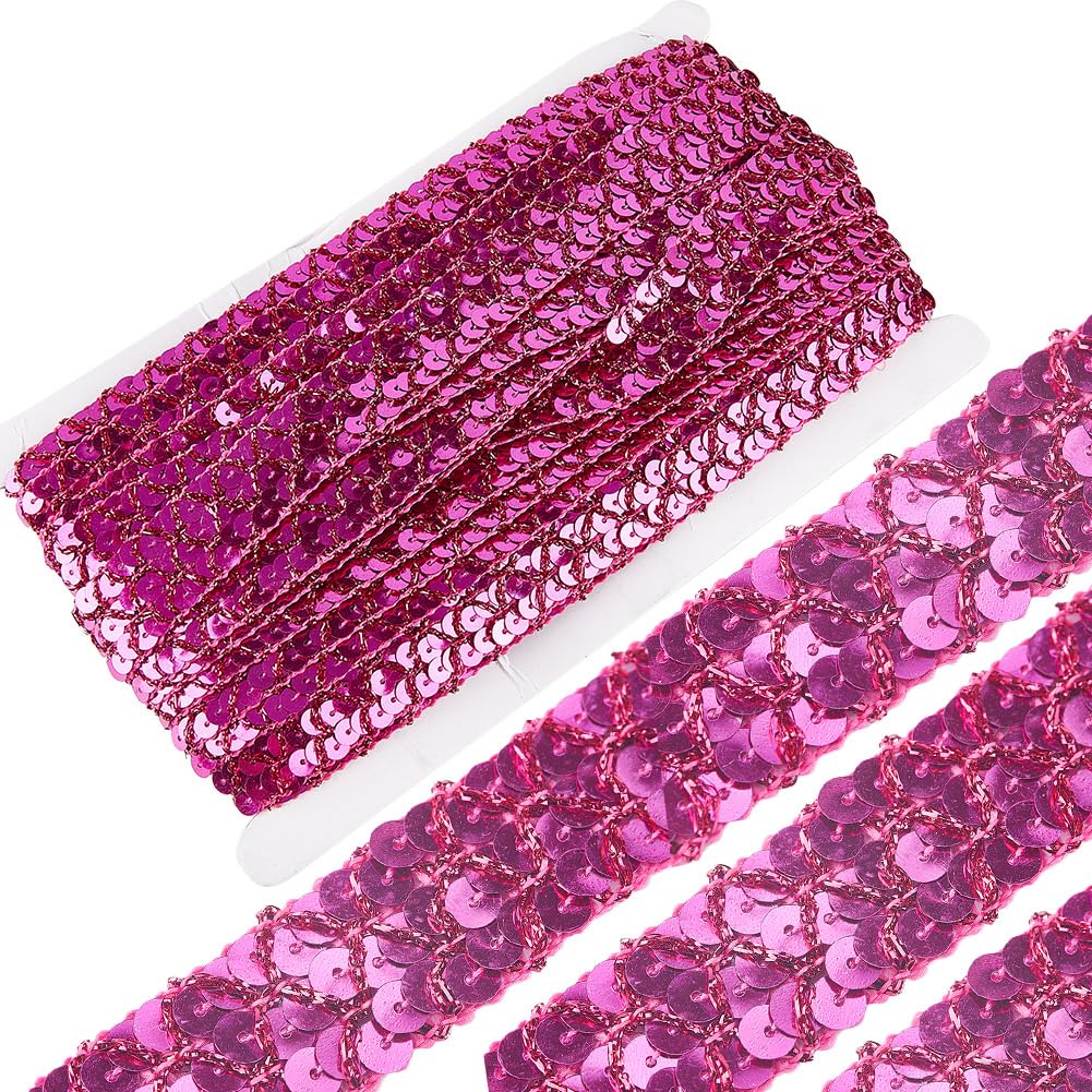 GORGECRAFT 13M*2cm Sequin Ribbon Trim 3 Row Flat Glitter Paillette Fabric Crafts Deep Pink Bling Metallic Sequins Band Roll Trimming for Dress Embellish Headband Sewing Crafts