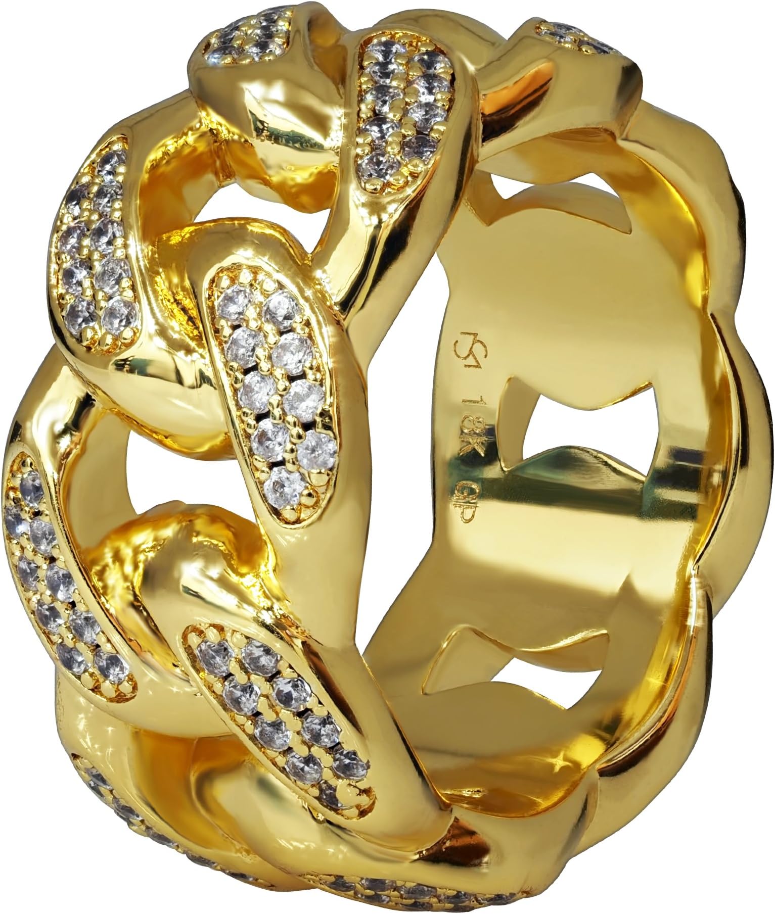 Premium 18K Real Gold Electroplated 11MM Simulated Diamond Solid Miami Cuban Link Chain Design Eternity Ring Made from Jewelers Alloy. Available in Sizes 7, 8, 9, 10, 11, 12, 13, 14