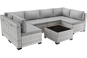 Sweecci 7-Piece Patio Furniture Set, Outdoor Sectional with Thick Cushions, Modular Patio Sofa, Dual-Strand Wicker Rattan, Rust-Resistant Frame, Backyard Furniture for Garden, Deck, Grey