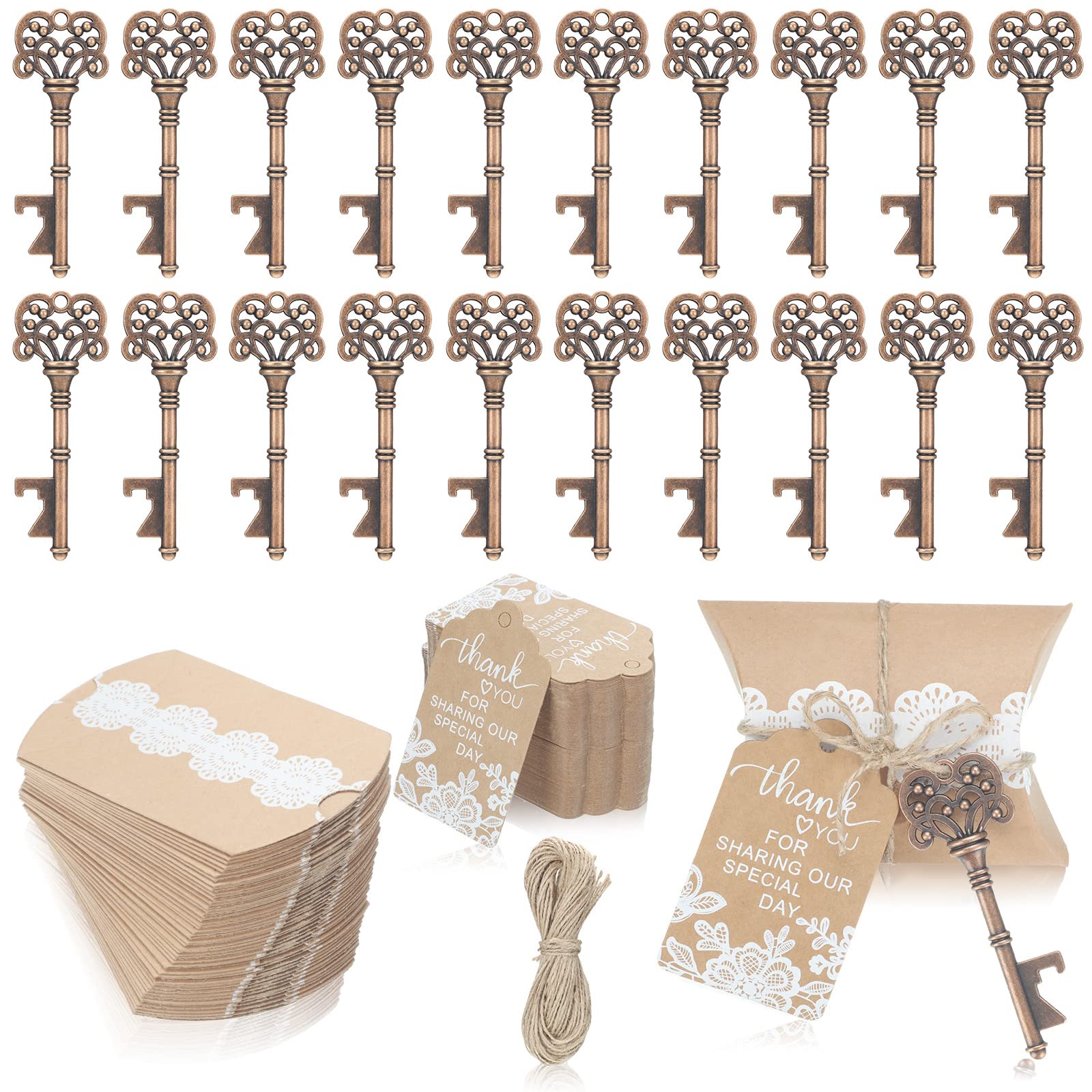 Photo 1 of 100 Sets Vintage Key Bottle Openers for Wedding Favors and Guests - Bulk Rustic Souvenir Gift With Thank You Tag, Jute Rope, Lace Candy Box for Party