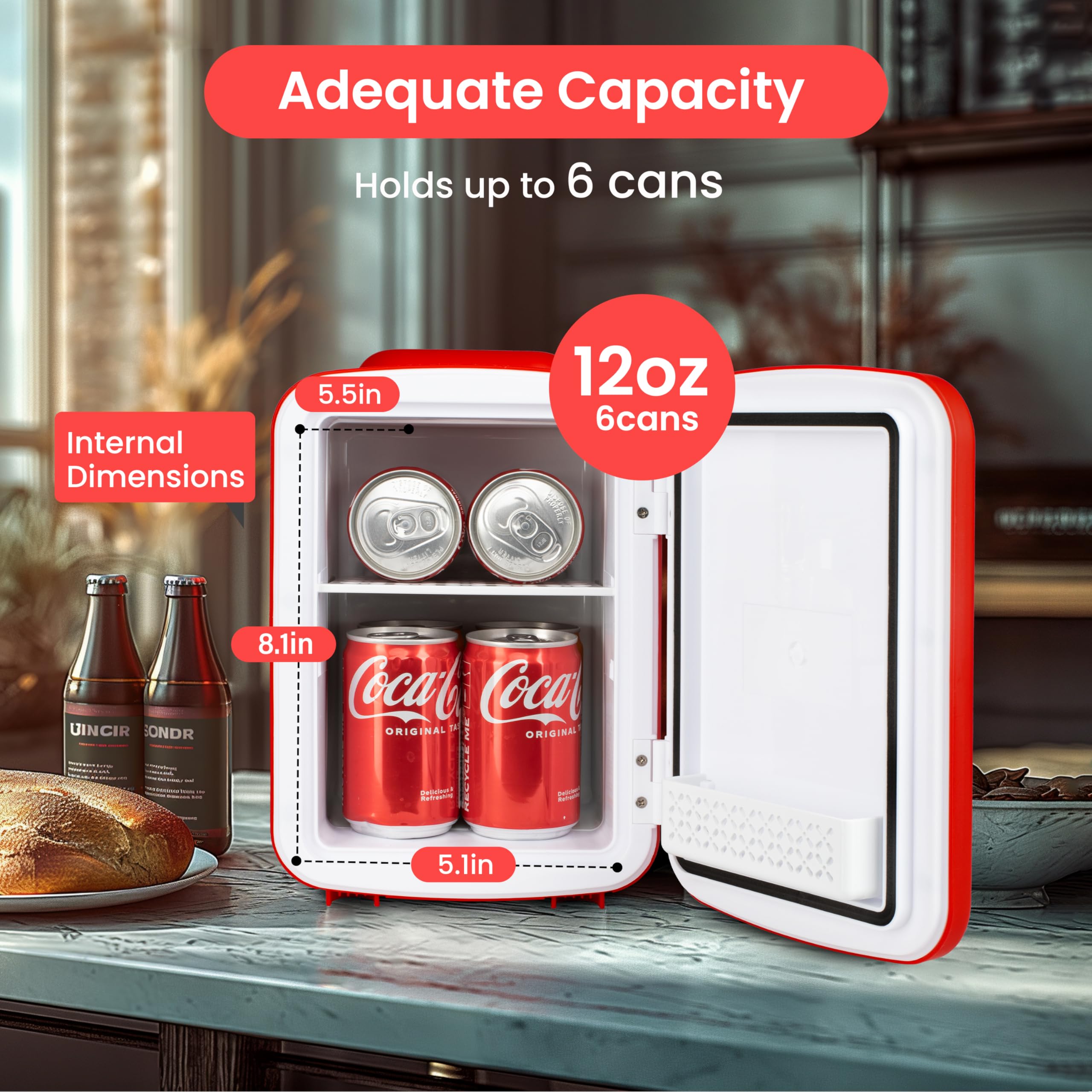 Simple Deluxe Portable Mini Fridge 4-Liter/6 Can 100% Freon-Free Cooler & Warmer Compact Refrigerator for Skincare, Cosmetics, Beverage, Food, 4L, Red