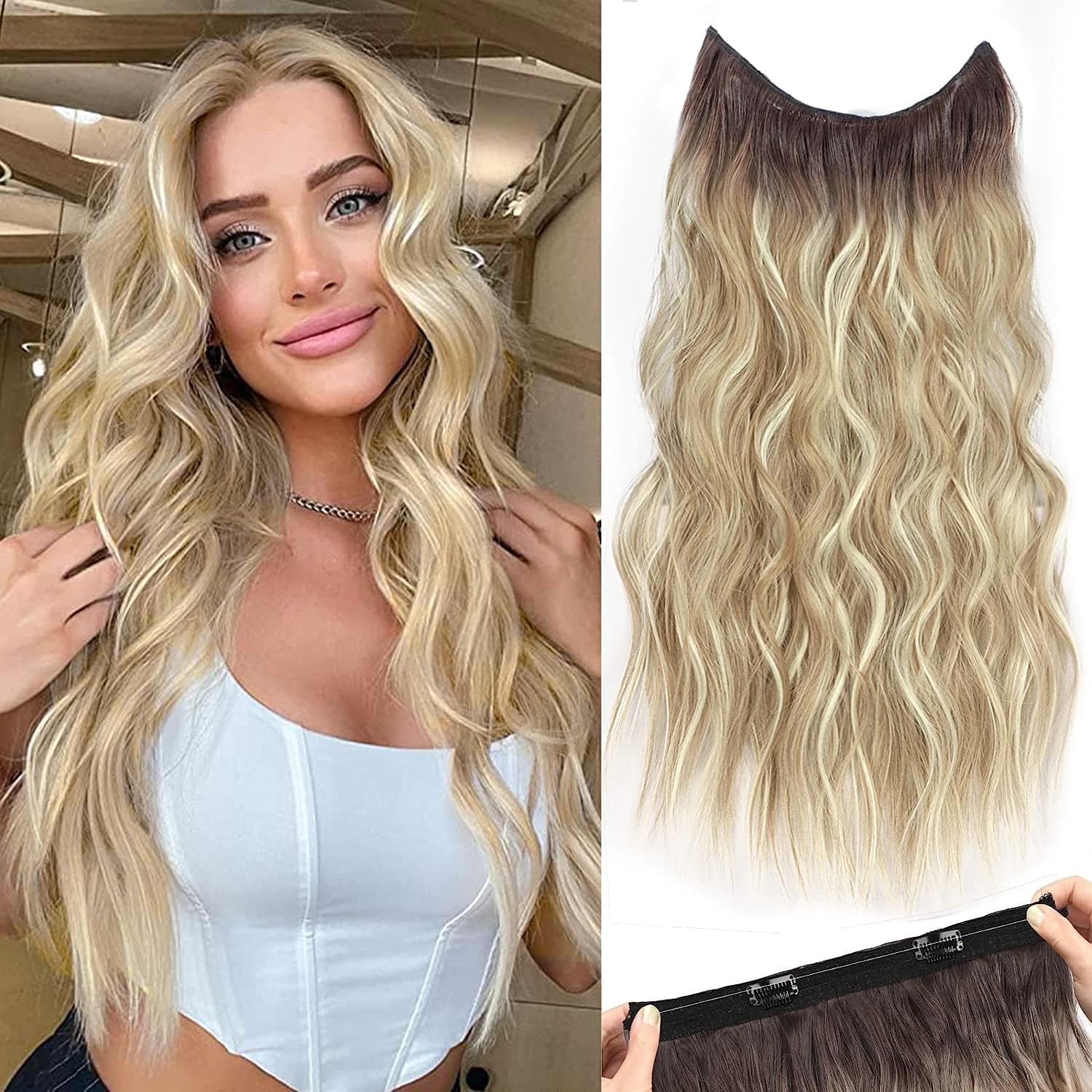 PORSMEER Invisible Wire Hair Extensions with Transparent Headband Adjustable Secure Clips Long Wavy Hairpiece 20 Inch for Women (Ombre blonde brown) โ image 1