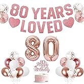 80th Birthday Decorations for Women – Rose Gold “80 Years Loved” Banner, Happy 80 Cake Topper, Large 32” Rose Gold Foil Balloons 8 & 0, Latex & Confetti Balloons for Mom, Grandma, Party Supplies