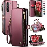 Defencase Compatible with Samsung Galaxy S23 Case Wallet with RFID Blocking Card Holder for Women Men, PU Leather Magnetic Snap Flip Zipper Strap Wallet Phone Case Fit for Galaxy S23 6.1", Wine Red