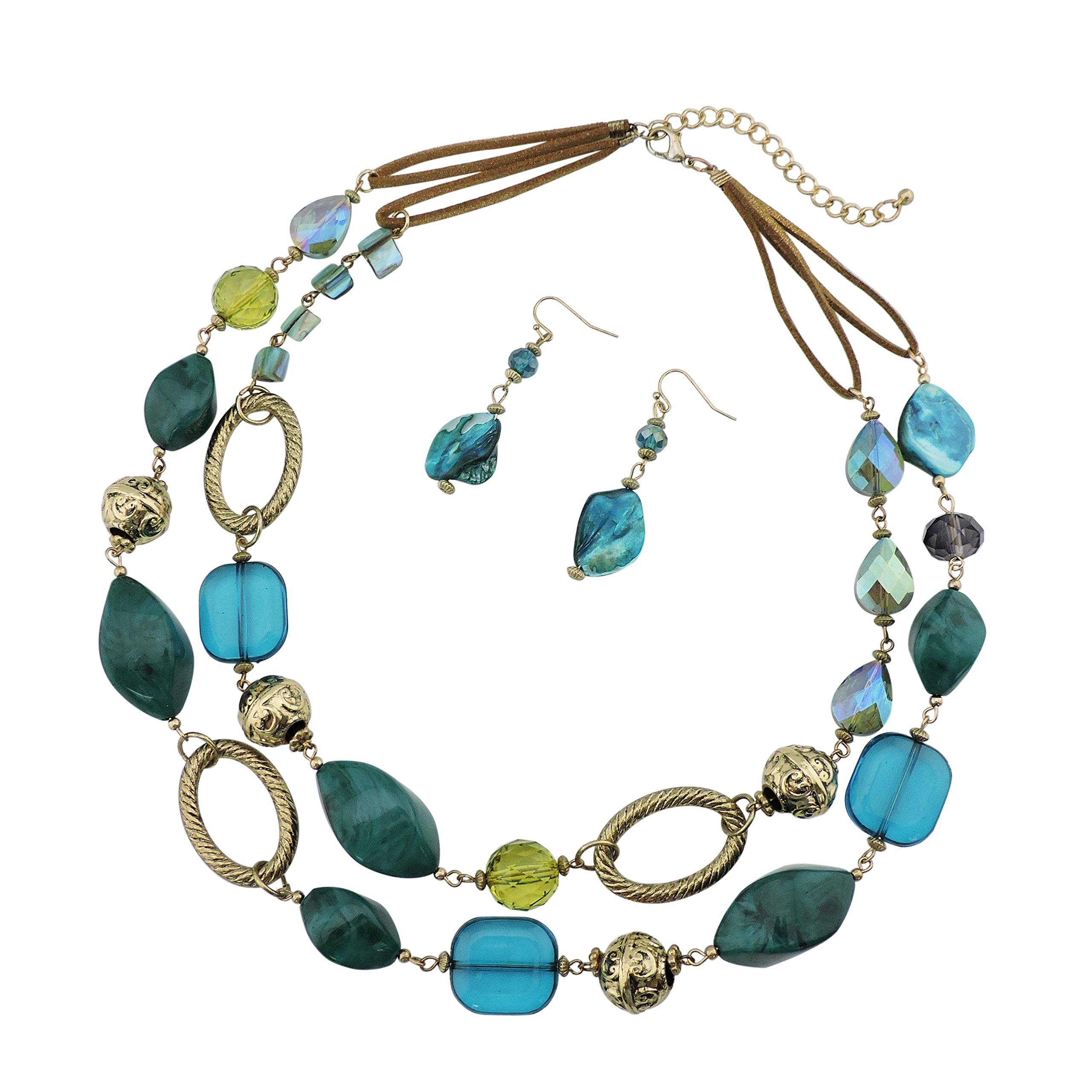 BOCAR Big Acrylic Shell Beaded 2 Strand Statement Necklace and Earring Set for Women Gift (NK-10370-teal)