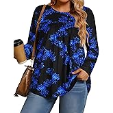 JOELLYUS Plus Size Tops for Women Fall Long Sleeve Shirts Casual Crew Neck Pleated Tunic Blouse Winter