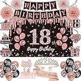18th Birthday Decorations for Girls,52Pcs PRE-STRUNG Rose Gold Black Party Set-18 Years Old Crown and Sash,Banner,Hanging Swirl,Backdrop Decor,CakeTopper,Age Candle, Balloons, Pom Poms,PRE-ASSEMBLED