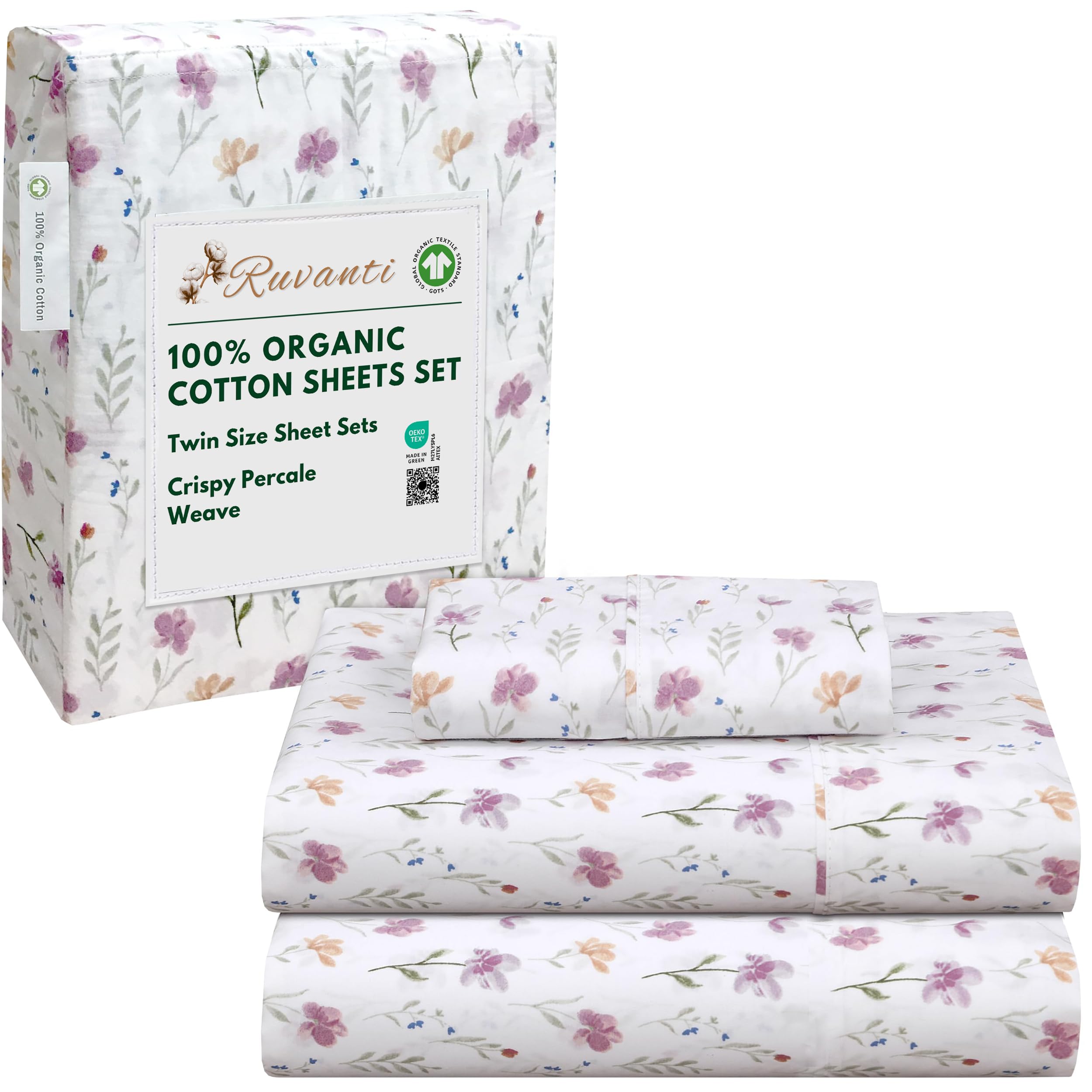 RUVANTI 100% Organic Cotton Sheets Twin Size, Percale Weave, GOTS Certified, 3-Piece Set, Deep Pocket 15", Crisp & Breathable, Soft Durable Bedding, Sábanas Algodón Orgánico – Obsessed Stems Image