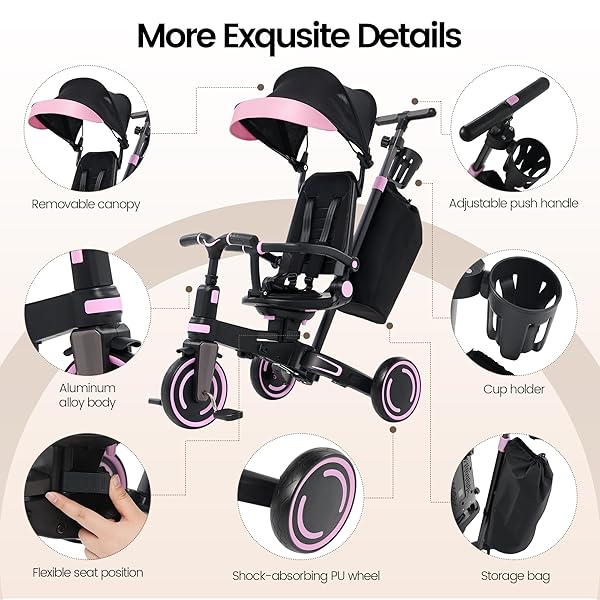ANECO 9-IN-1 MULTI-FUNCTIONAL BABY TRICYCLE FOR TODDLERS 10 MONTHS-3 YEARS WITH REMOVABLE CANOPY ROTATABLE SEAT SAFETY HARNESS WHEEL BRAKE ADJUSTABLE PUSH HANDLE STORAGE BAG CUP HOLDER, BLACK AND PINK