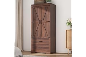 Hlivelood 2 Doors Wardrobe Armoire Closet with Doors and Drawers, Farmhouse Wooden Armoire Storage Cabinet with Shelves & Hanging Rod for Bedroom, Brown