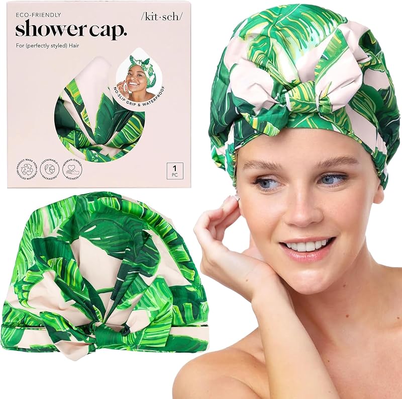 Kitsch Luxury Reusable Waterproof Shower Cap for Women Men Palm Leaves