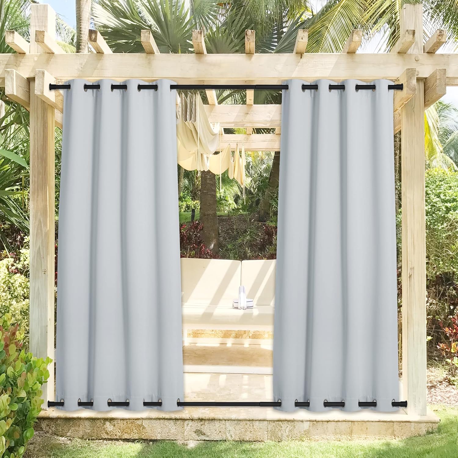 Outdoor Curtains - NICETOWN 2 Panels Greyish White Privacy Outdoor Curtains for Patio, Waterproof Thermal Insulated Room Darkening Top and Bottom Rustproof Grommet Windproof Drapes for Porch, W52 x L108