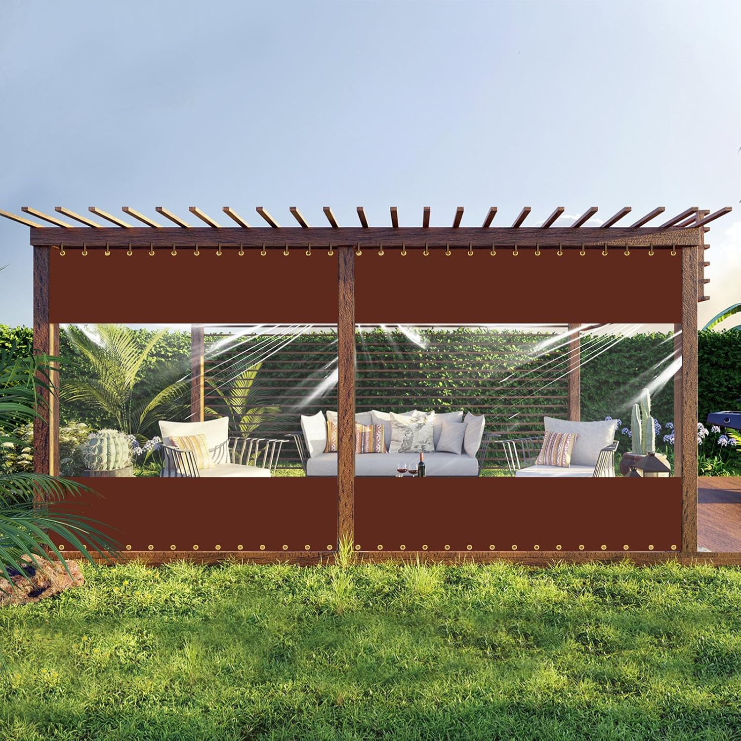 Outdoor Curtains - Moukeren 2 Pcs 19 Oz Outdoor Vinyl Curtain, Outdoor Clear Panel Curtain, Weather Resistant Outdoor Curtain for Pergola, Porch, Gazebos, with Rustproof Grommets, 8 x 10 ft, Brown