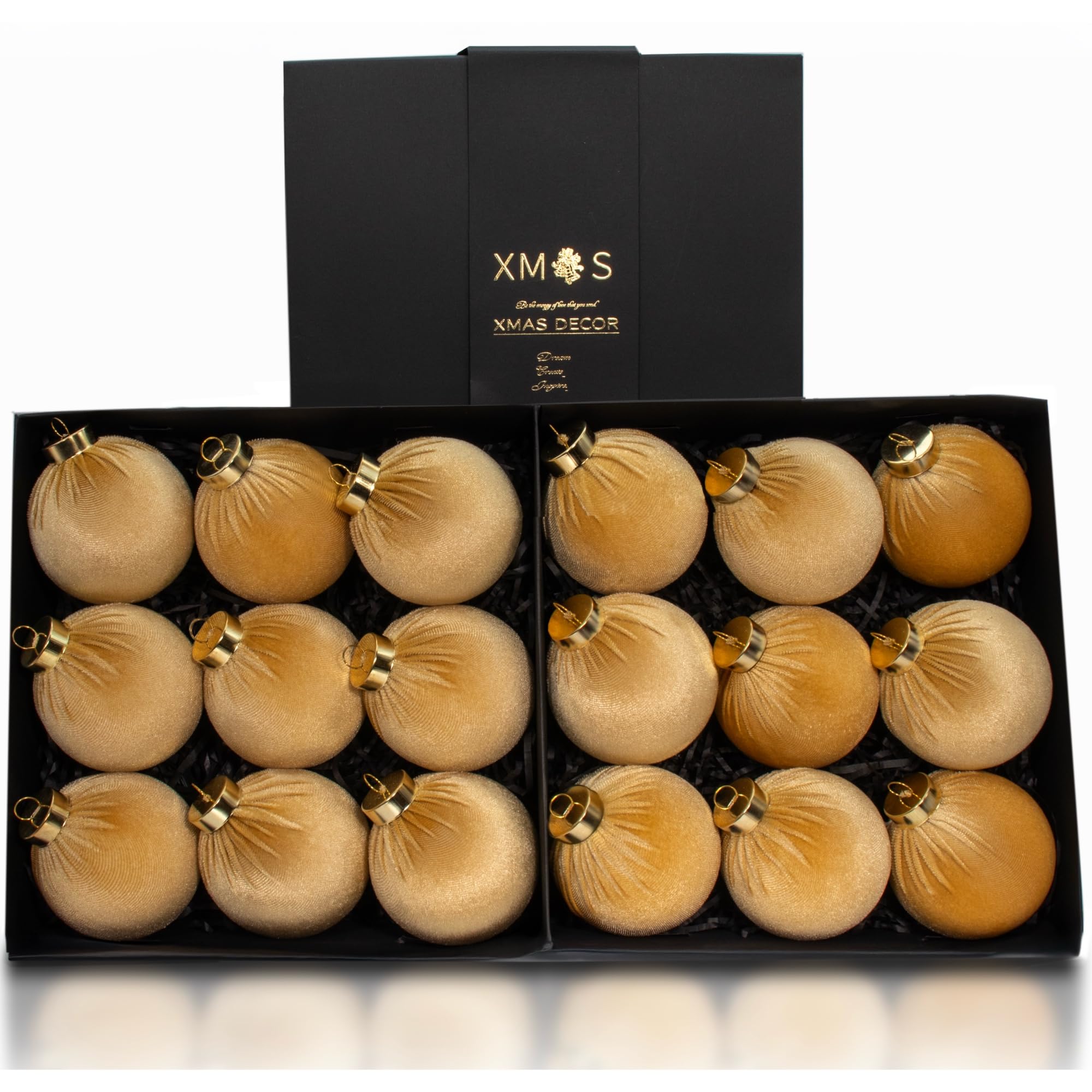 Photo 1 of 18PCS Champagne Gold Velvet Christmas Ornaments Set – Large Matte Flocked Shatterproof Baubles for Xmas Tree Decoration, Luxury Hanging Ornaments for Holiday & Home Décor (Gold, 3 Inch / 8 cm)