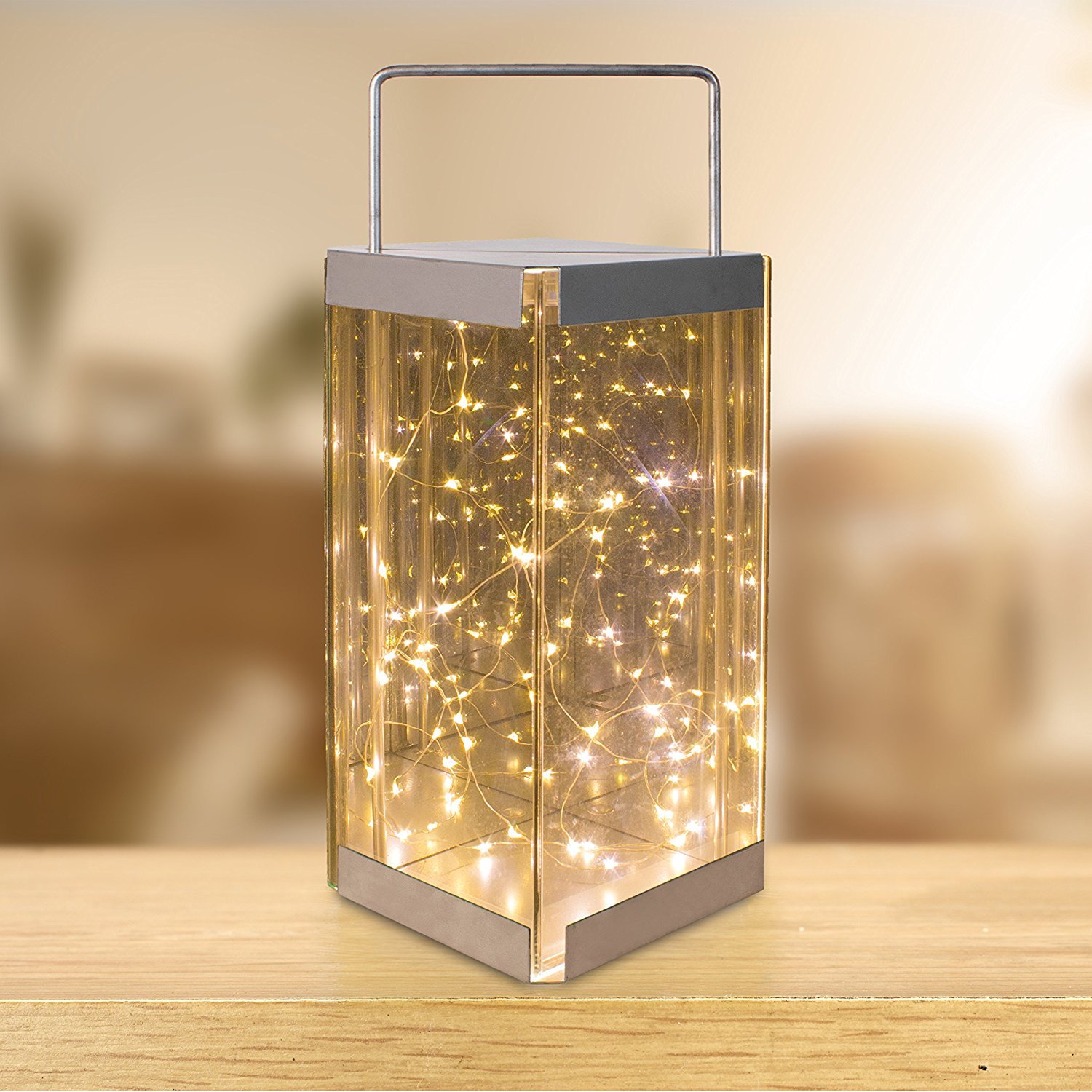 Anika 62190 Glass Reflections Lantern with 30 Warm White Battery Operated LED Rice Lights, Packaging may vary