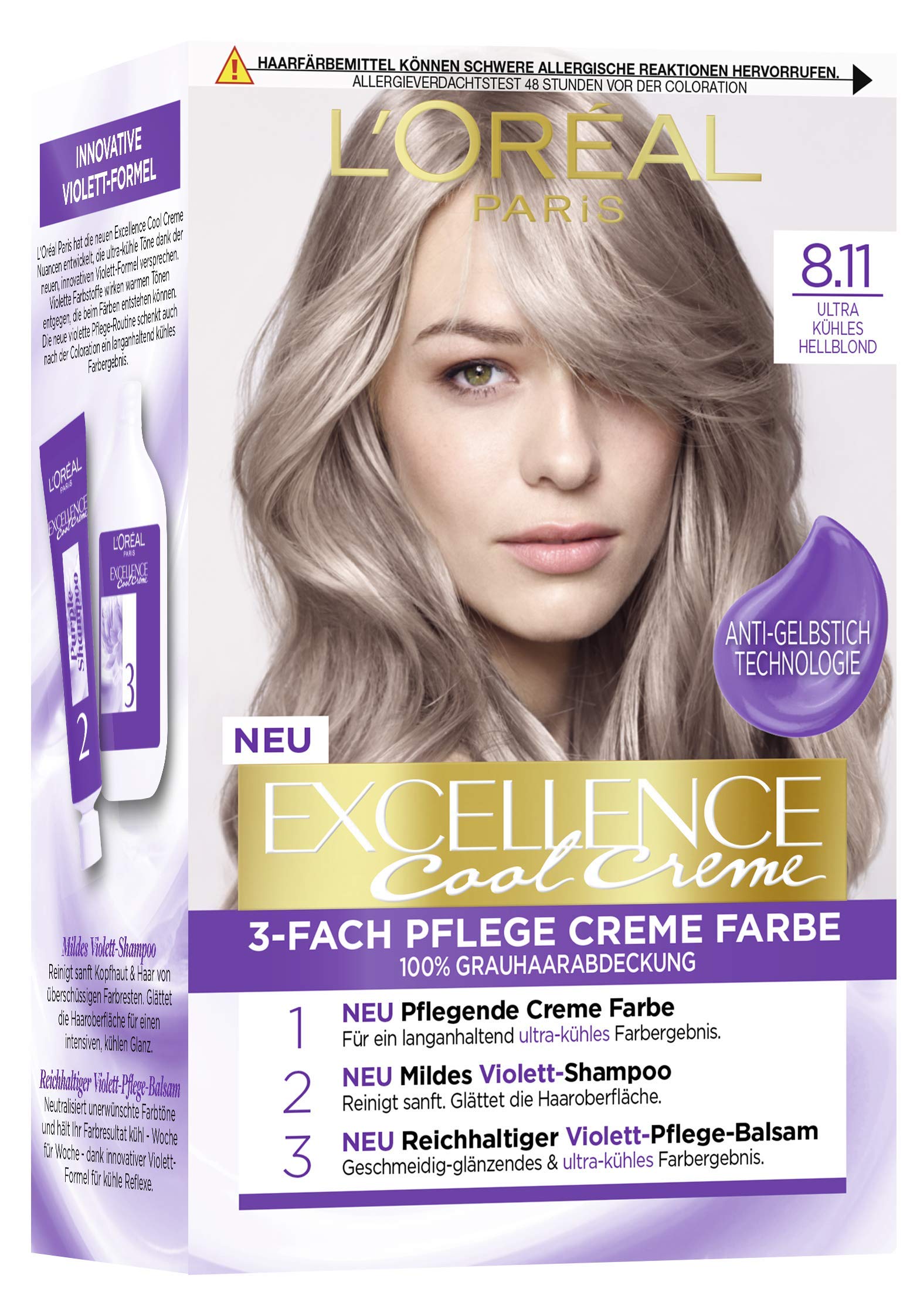 L'Oréal Paris Permanent Hair Colour with Ultra Cool Colour, 100% Grey Coverage Set, Excellence Cool Creme #8.11 Ultra Light Blonde