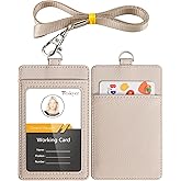 Teskyer Badge Holder with Lanyard, Leather ID Name Badge Card Holder with Lanyard for ID Badges, Vertical, Lychee Pattern Beige