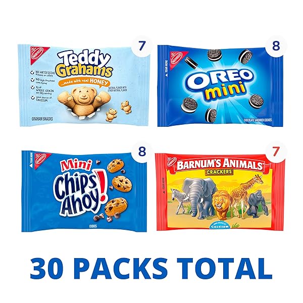 NABISCO TEAM FAVORITES VARIETY PACK, OREO MINI, CHIPS AHOY! MINI, TEDDY GRAHAMS HONEY & BARNUM’S ANIMAL CRACKERS, 30 SNACK PACKS