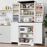 Vongrasig Kitchen Pantry Storage Cabinet with Barn Doors, Drawer and Adjustable Shelves, 6-Tier Tall Rustic Wood Cupboard Locker for Kitchen, Dining Room, Living Room, Bathroom, (White)
