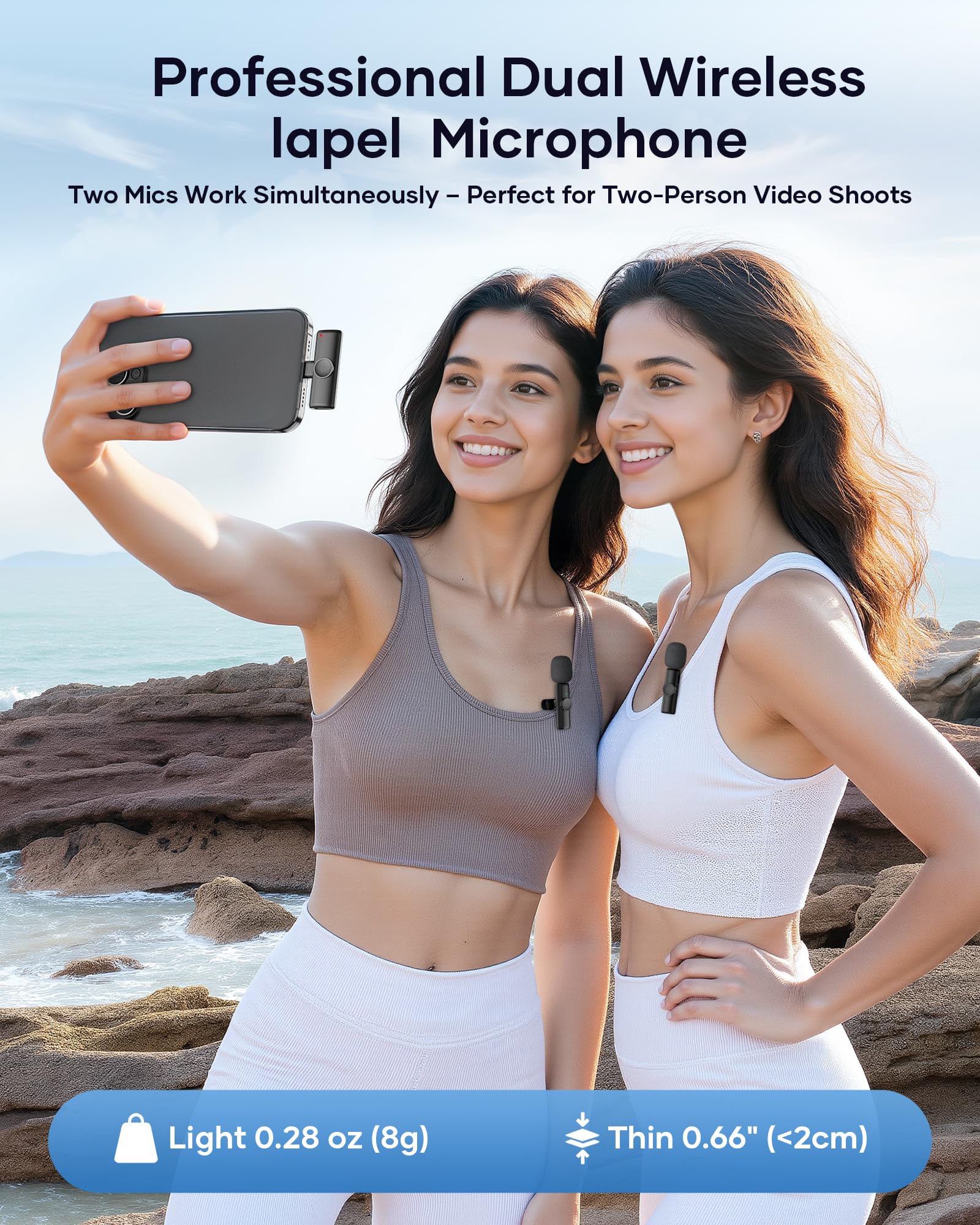 Wireless Microphone for iPhone iPad and Android Phone, 2 Pack Wireless Lavalier Lapel Mic with Noise Reduction, Plug and Play Mini Microphone for Video Recording Interview Podcast YouTube TikTok Vlog