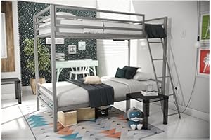 Novogratz Maxwell Metal Bunk Bed Frame for Kids and Teens, With Angled Ladder, High Guardrail and Metal Slats, No Boxspring Required, Underbed Storage Space, Twin-over-Twin, Gray