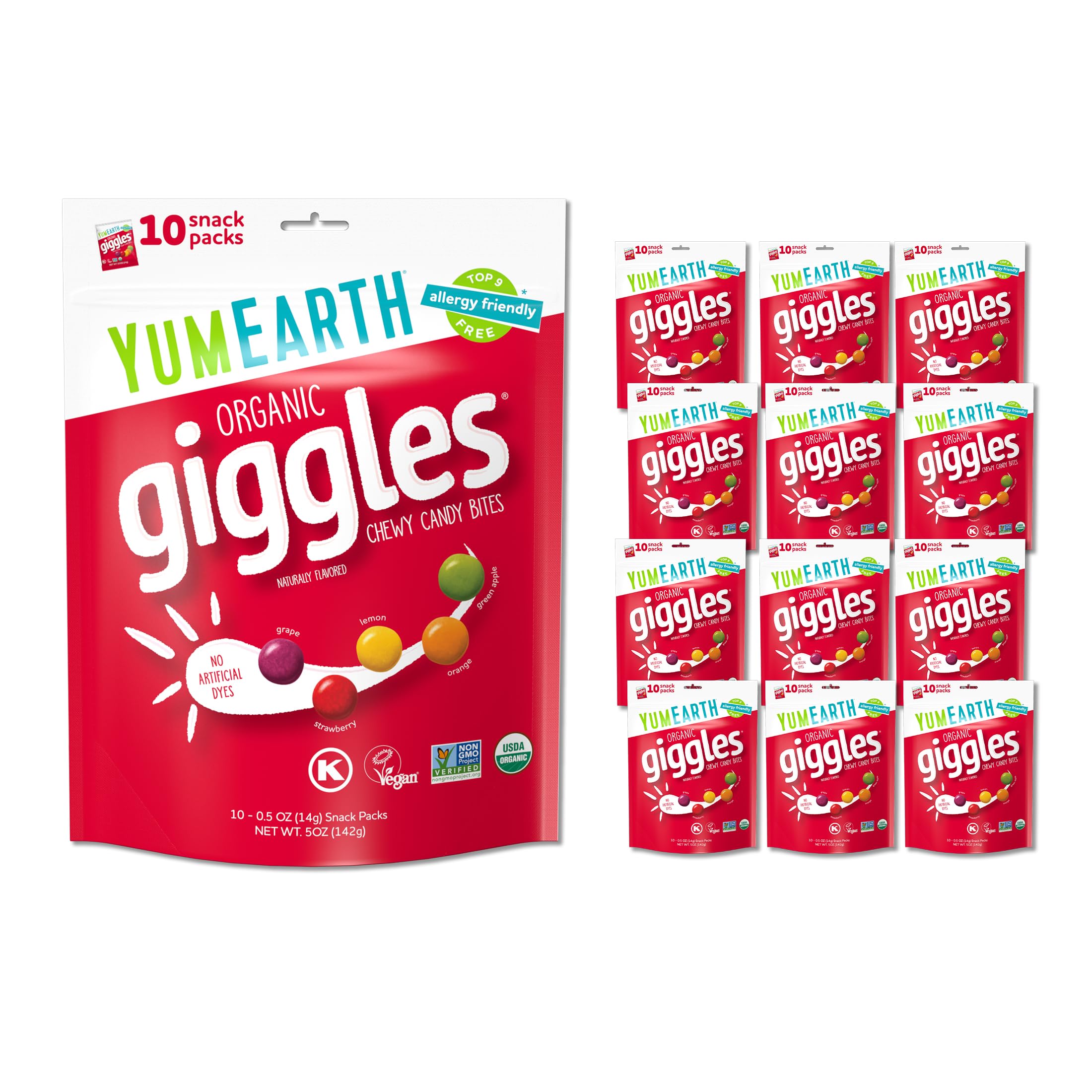 YumEarth Organic Giggles Chewy Candy – Allergy Friendly, No Artificial Dyes, Non GMO, Gluten Free, Fruit Flavored, Vegan Candy Snacks 0.5 oz (Pack of 120)​