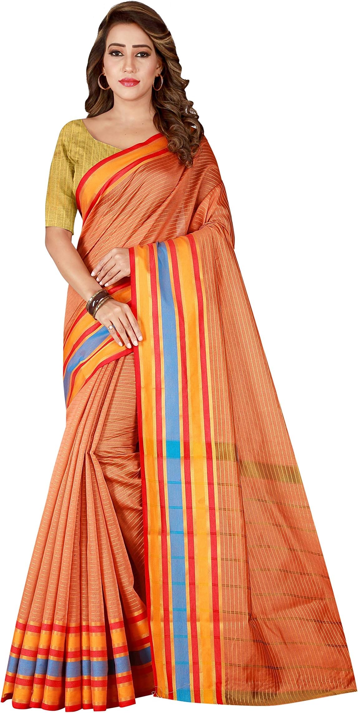 Fabwomen Zari Work Woven Cotton Silk Saree With Blouse Piece.(S182374_Orange_Free Size)