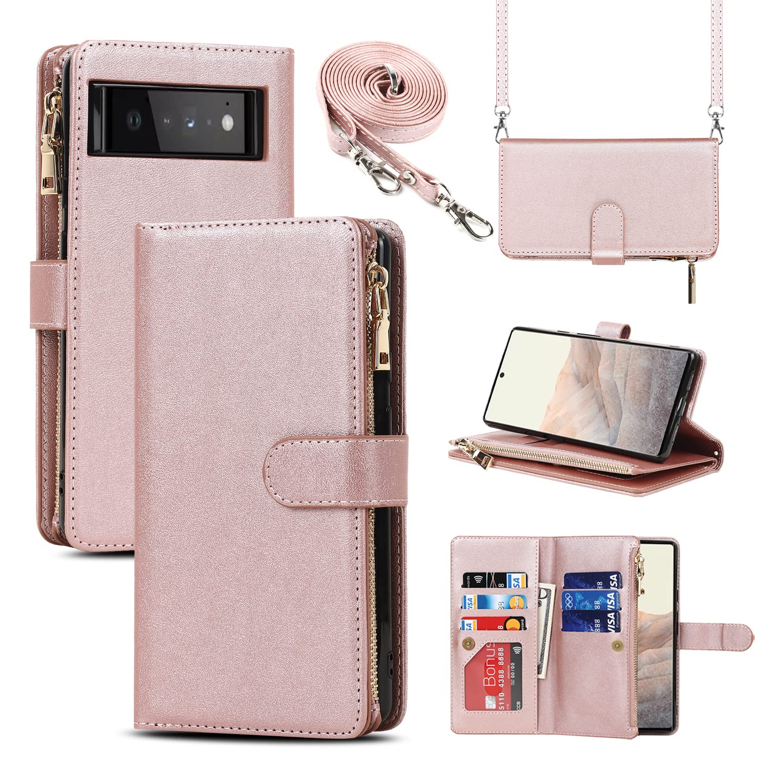 Cavor Google Pixel 6 Case With Card Holders With Strap,Flip Leather Wallet Crossbody Case,[9 Card Holders][Double Buckle][Detachable Lanyard],Phone Case Cover for Google Pixel 6 - Rose Gold