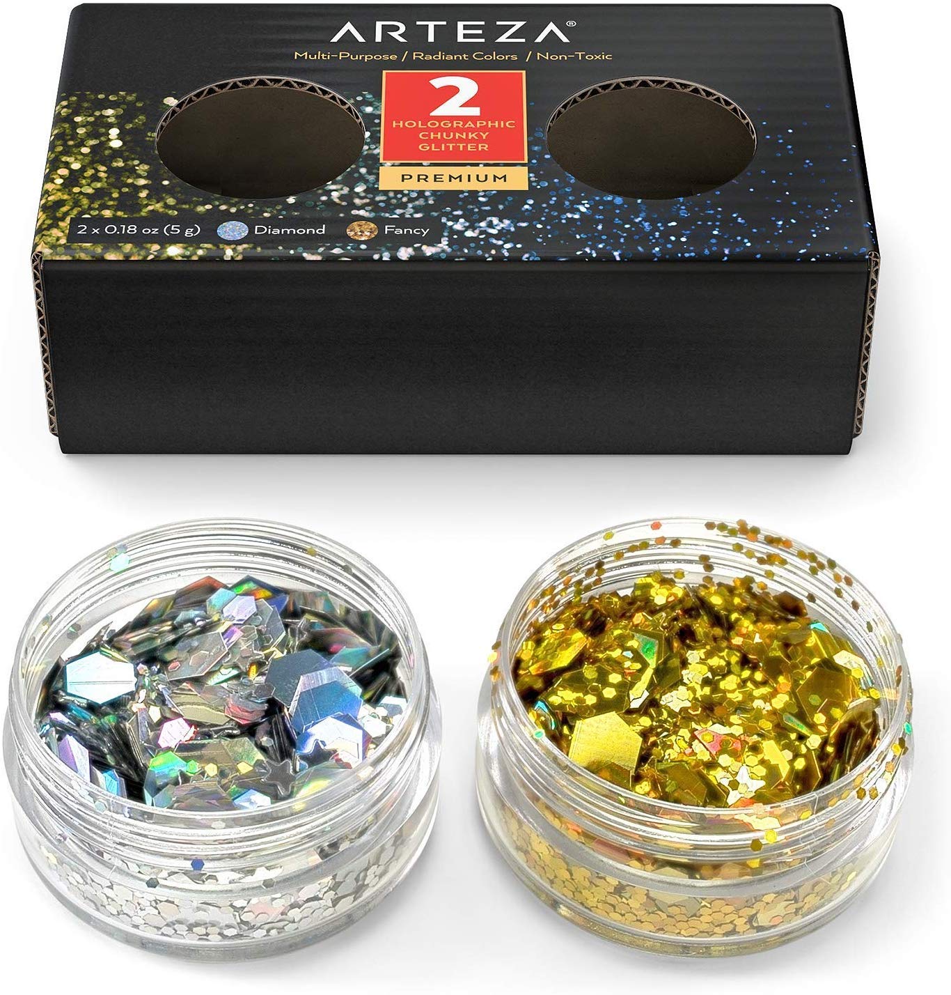 Arteza Chunky Glitter Flakes, Set of 2 Holographic Colours (Diamond & Fancy), 5 g Jars, Multi-Purpose, for Epoxy Resin, and Craft Projects