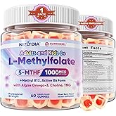 L-Methylfolate 1000 mcg + Methyl B12 Gummies for Kids & Adults - Active 5-MTHF, w/Omega-3 DHA & EPA(3:1), Choline & TMG, B6, Supports MTHFR Gene, Brain, Energy & Methylation, Sugar free, 60 Cts
