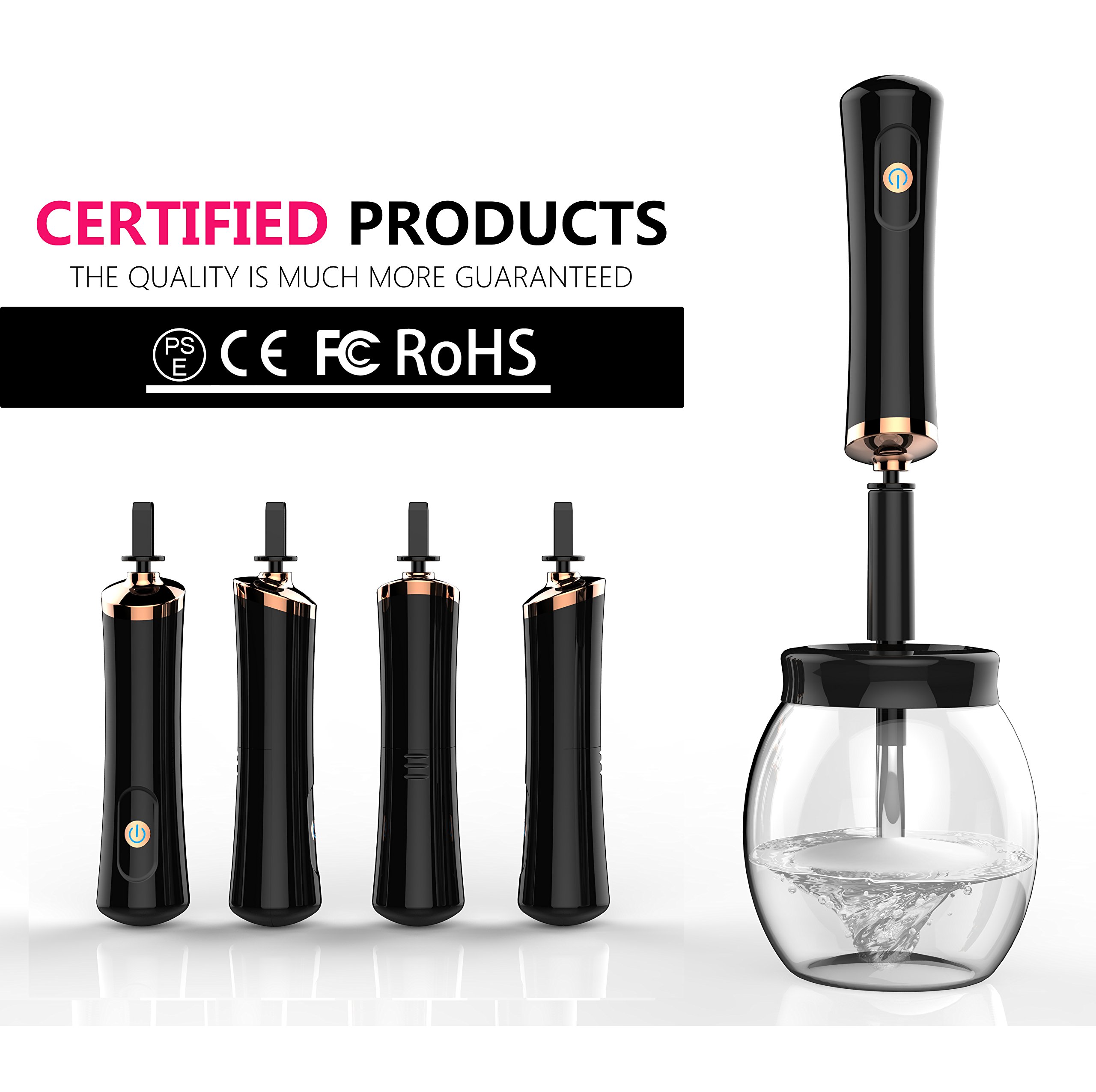 Make Up Brush Cleaner Lammcou Macchina Pulizia del Pennello Completamente Pulito e asciutto in pochi secondi in rotazione a 360 ° con 8 Supporti in Gomma, Adatto per Tutte le dimensioni di Pennelli per il Trucco-Nero