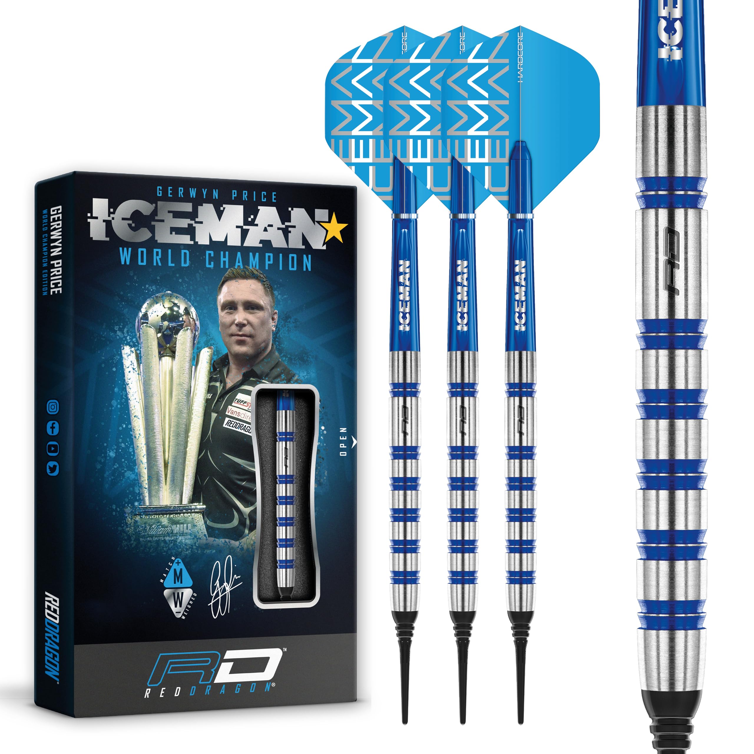 Red Dragon Gerwyn Price Iceman Challenger 18 Gram Professional Tungsten Darts Set with Flights and Stems