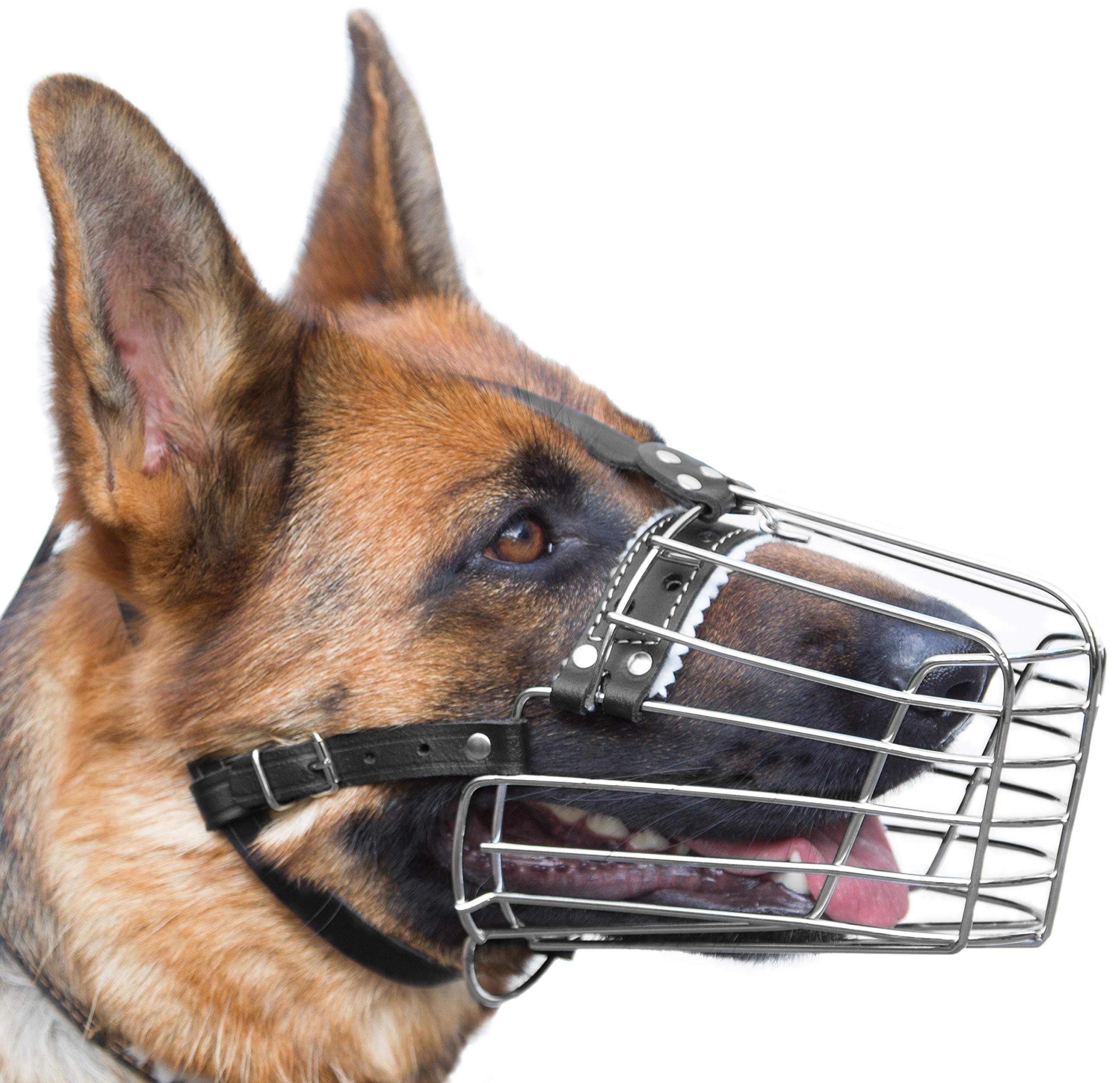 PetriStor Dog Chrome Metal Muzzles Wire Basket Adjustable Leather Straps German Shepherd Reinforced (№2) Snout Circumference is 11.4-13.5 in, Length is 3.9-5.1 in