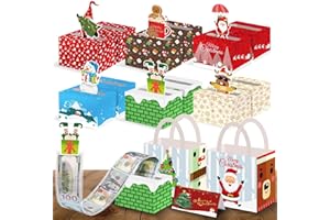 Lorvain 12PCS Christmas Money Box for Cash Gift, 6 Styles Surprise Xmas Money Pull Box Holder with 120 Transparent Bags, Bows for Fun Christmas Holiday Party